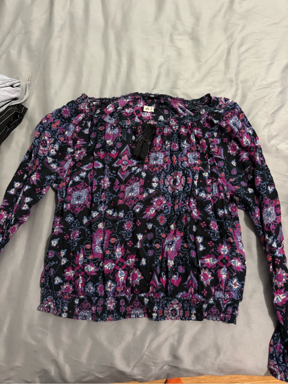 Hollister Black Floral Peasant Blouse with Magenta Accents